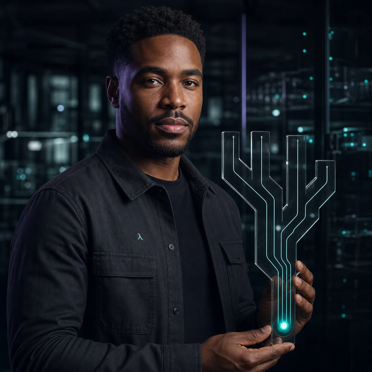 Cody holding a glass change tree whose branches converge at a teal node